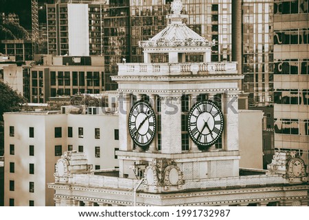 Buildings and skyscrapers of Portland detail on tower clock, Oregon.