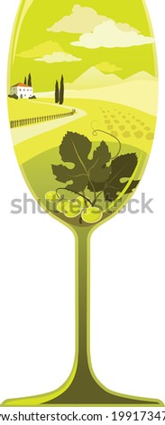 Silhouette of a wine glass filled with a Italian wine region landscape with a winery and some grape leaves and grapes, EPS 8 vector illustration, no transparencies  Royalty-Free Stock Photo #1991734700