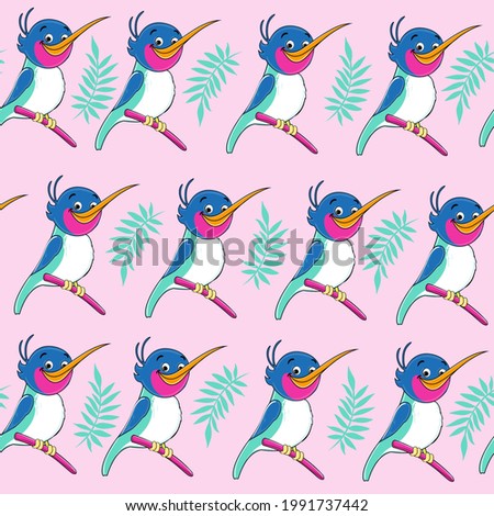 Beautiful bluer hummingbird seamless pattern on a pink background. Vector cartoon illustration with funny summer animals