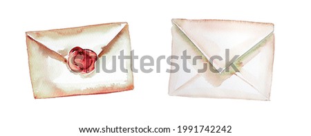 Watercolor hand painted envelopes clipart set isolated on a white background.Romance concept.Office message illustration.Communication theme design.