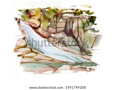 Beautiful watercolor waterfall illustration isolated on a white background. Nature concept design. Water and rocks clipart. Tropical waterfall.