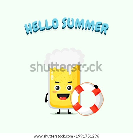 Cute beer mascot carrying a float with summer greetings