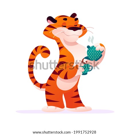Portrait of funny tiger character with coffee pot and cup in his paws isolated on white background. Flat cartoon style. For company mascot, banner, advertising, web ad, sale tag, card, logo design.