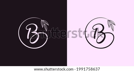 signature letter B isolated circle with leaves ahead. luxury vector monogram for cosmetic, restaurant, boutique, hotel logo concept vector