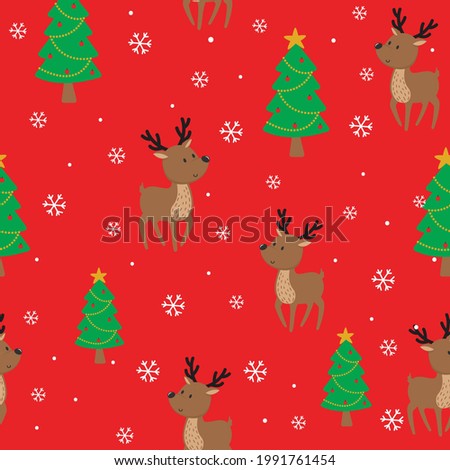 Seamless Reindeer and Christmas tree on red background