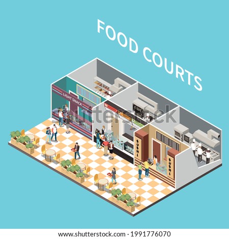 Shopping mall airport take away cafe food courts isometric view with arranging meals personnel customers vector illustration