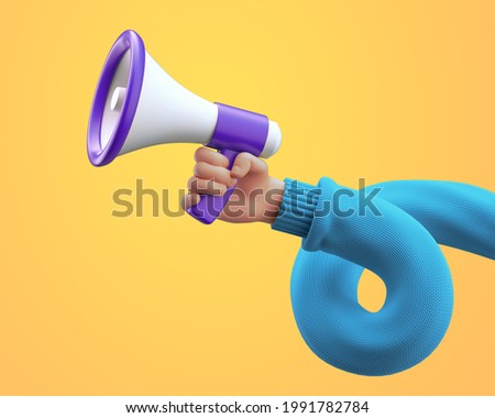 3d illustration. Cartoon character hand wearing blue sweater, holds megaphone. Online social media clip art isolated on yellow background. News announcement concept
