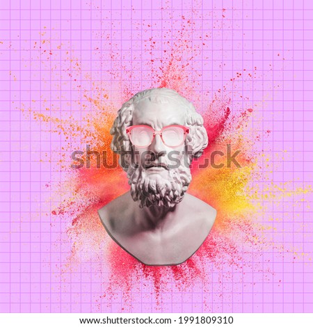 Collage with plaster statue bust isolated on pink multicolor background. Copy space for ad, text. Modern design. Contemporary colorful and conceptual bright collage. Modern unusual art.