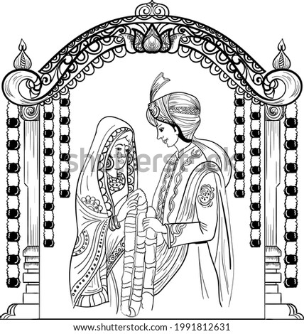  INDIAN GROOM AND BRIDE WITH FLORAL PATTERN GATE VECTOR ILLUSTRATION BLACK AND WHITE CLIP ART
