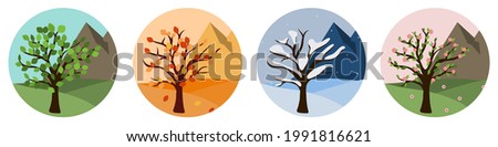 Circle icons with tree for four season concept vector. Graphic design illustration of change time through the year. Wild nature environment for camping, skiing.  Royalty-Free Stock Photo #1991816621