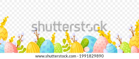 Easter eggs and flowers on transparent background.