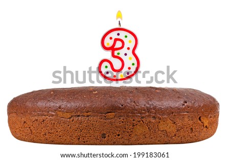 birthday cake with candles number three isolated on white background