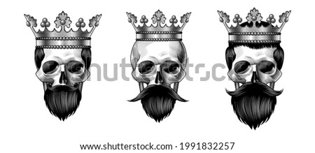 Three kings. Set of skulls in crowns. Male skulls with beard and mustache. Vector illustration 
