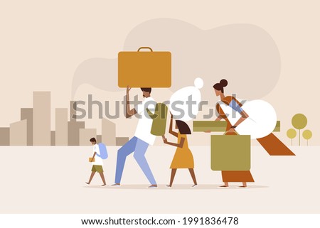 Illustration of a Indian rural family migrating to an industrial city in search of better prospect. Royalty-Free Stock Photo #1991836478