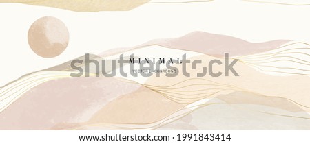 Mountain and sun Abstract art background vector. Luxury oriental style watercolor background with line art and brush texture. Wallpaper design for prints, cover, banner, wall art and home decoration. Royalty-Free Stock Photo #1991843414