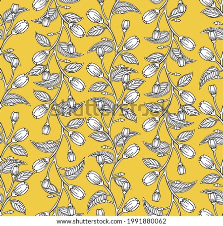 Vector seamless pattern with regular flowers and buds. Line drawn print and texture for paper and fabrics. Leaves and branches are repeated