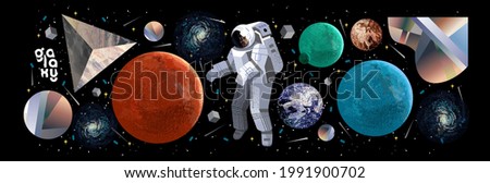 Space, astronaut and galaxy. Vector abstract illustrations of planets, mars, sky and geometric shapes. Drawings for poster, background and banner Royalty-Free Stock Photo #1991900702