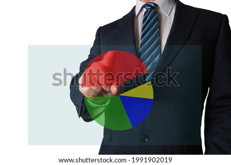Analyst pointing at a pie chart illustrating market share, sales volume by category, or showing contributing factors or composition of a certain business phenomenon. Royalty-Free Stock Photo #1991902019