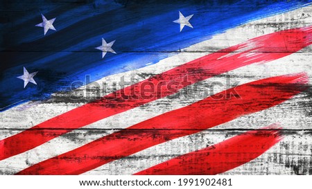 Vintage wood background with USA flag elements in blue red white colors. US Independence Day, Fourth of July, Memorial Day, Veterans Day, Armed Forces Day concept. Copy space. Design. Web banner.
