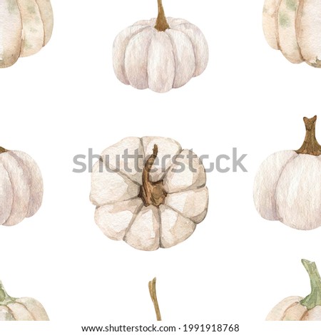 Watercolor autumn bright pumpkins  isolated on white background. Seamless pattern. Cozy fall collection. Perfect for cards, logo, paper, wrapping and other design.