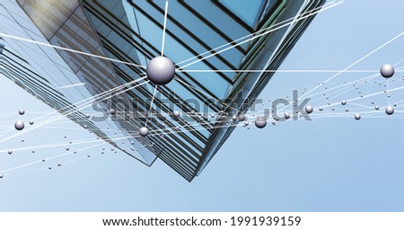 Network of connections against view of tall building in background. global networking and business technology concept