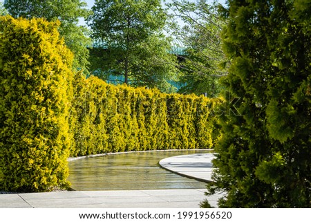 Artificial rushing river with granite banks flows around evergreen hedge with seating area. Public City Park "Krasnodar". Galitsky Landscape Park. Park for recreation and walking. Spring 2021