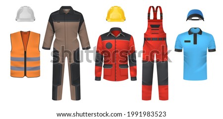 Realistic uniform. Workwear clothes mockup. Jumpsuit and t-shirt, bright jacket or vest. Safety outfit with helmet. Clothing for courier and workman. Vector professional garments set Royalty-Free Stock Photo #1991983523