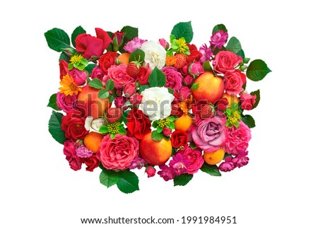 Colorful mix of flowers and fruits. Rose, calendula, Kalanchoe, peach, apricot, strawberry. The concept of color therapy. Composition isolated on a white background