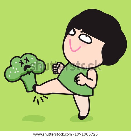 Aggressive Girl Is Kicking A Broccoli Away To Stop Eating It Concept Card Character illustration