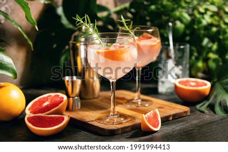 Pink grapefruit and rosemary gin cocktail  served in prepared gin cocktail glass on a tropical beach bar Royalty-Free Stock Photo #1991994413