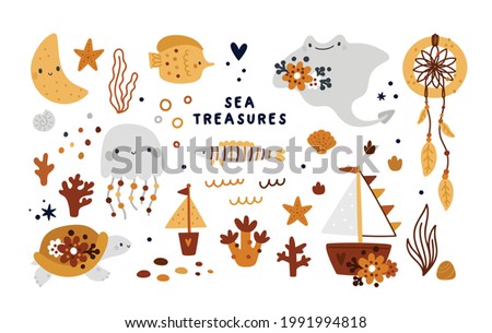 Sea treasure collection with cute animals, fish, turtle, jelly fish, coral reef. Vector illustration with ocean design elements isolated on white backgrounds. Summer holiday clip art set 