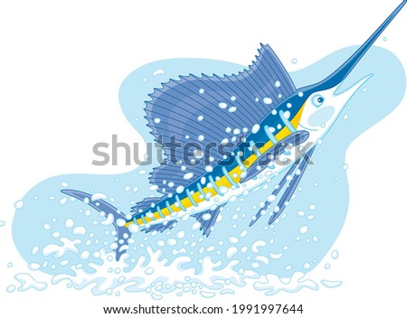 Large marine swordfish in splashes, jumping out of water in a tropical sea, vector cartoon illustration isolated on a white background