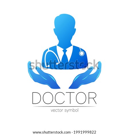 Doctor and hands vector logotype in blue color. Silhouette medical man. Logo for clinic, hospital, health, medicine and business. Concept isolated on white. Template for web, identity modern style.
