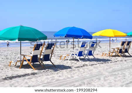 Row of beach chairs and umbrellas on the beach 