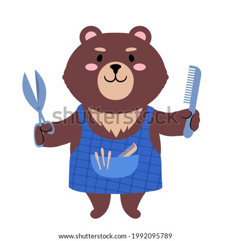 Brown teddy bear dressed in an apron holding out scissors and a comb. Cute cartoon character. Flat style vector illustration. Suitable for icon, logo, label, sticker, clipart, t-shirt print.