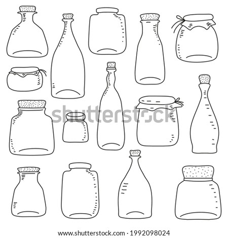Vector collection with pots and bottles in hand drawn style isolated on a white background. Vector illustaration.