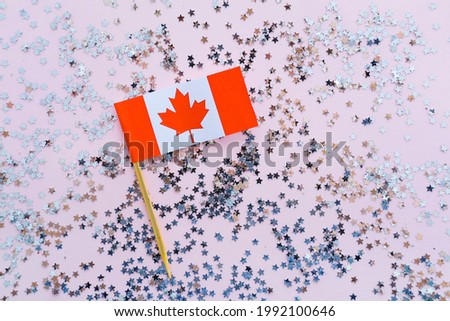 Canada flag and sparkles on pink background, flat lay. Holiday in Canada. 1th of July, Canada's Happy Independence Day. Copy space for text.