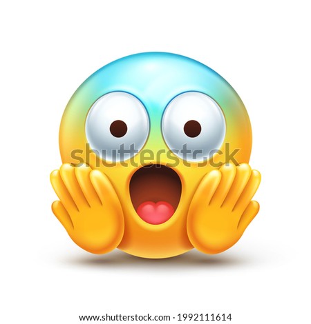 Screaming in fear emoji. Horror and fright emoticon. Yellow face with blue forehead, big scared eyes and long, open mouth 3D stylized vector icon Royalty-Free Stock Photo #1992111614