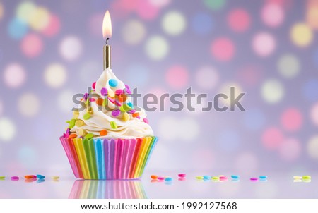 Birthday cupcake. Rainbow Cup Liners. Burning candle light in a cake. Happy Birthday Gay, lesbian. LGBT pride. Tasty baking cupcakes or muffin with white cream icing and colored sprinkles. Copy space.