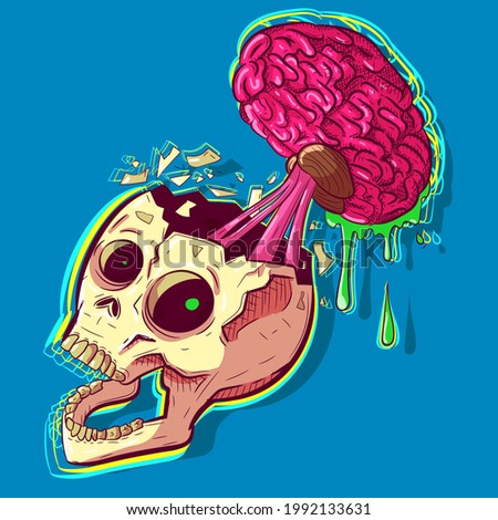 Human zombie skull with a pink brain sticking out of his head and melting. Hip hop wall art and tattoo inspired by graffiti for Halloween. Modern neon background with a cracked cranium.
