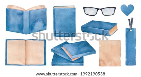 Watercolor set of various books with blue cover: closed, opened, top, front, back and side view. Hand drawn water color graphic illustration, cut out clip art for design, print, label, card, stickers.