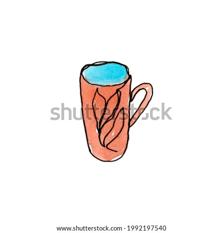 A mug isolated on a white background. Kitchenware, cooking utensils. Single line. The illustration is painted with watercolor and liner.