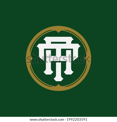 Initial letters T, A, TA or AT overlapping, interlocked monogram logo, white and gold color on green background