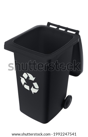 Plastic black trash can isolated on white background. Waste recycling and environmental protection concept.