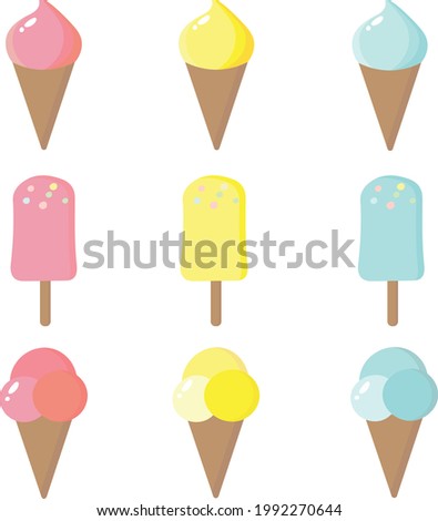 vector illustration isolated on a white background of a cartoon-style ice cream clip art.Ice cream on a stick.Ice cream in a cone.Pink, blue, yellow ice cream