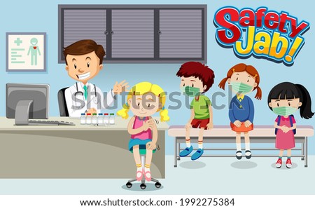 Many kids waiting in queue to get vaccine with a doctor cartoon character in hospital scene illustration