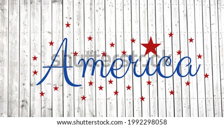 Digitally generated image of america text against multiple stars on wooden background. american independence template background design concept