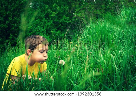 child blowing dandelion outdoors on a green meadow. boy 8-10 years old in bright yellow football plays in green grass, free space for text. banner