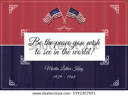 Composition of martin luther king day text, with american flags and quote on red. martin luther king day celebration poster design template concept digitally generated image.
