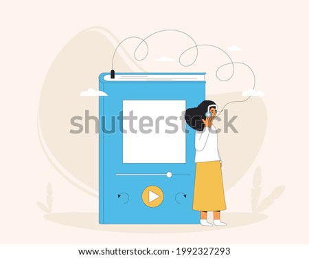 Young woman listening to audiobook. Concentrated female person and huge phone with education app. Vector illustration.